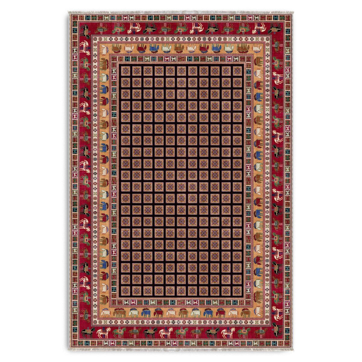 Détail du motif du tapis géométrique vintage bordeaux lavable Fiora