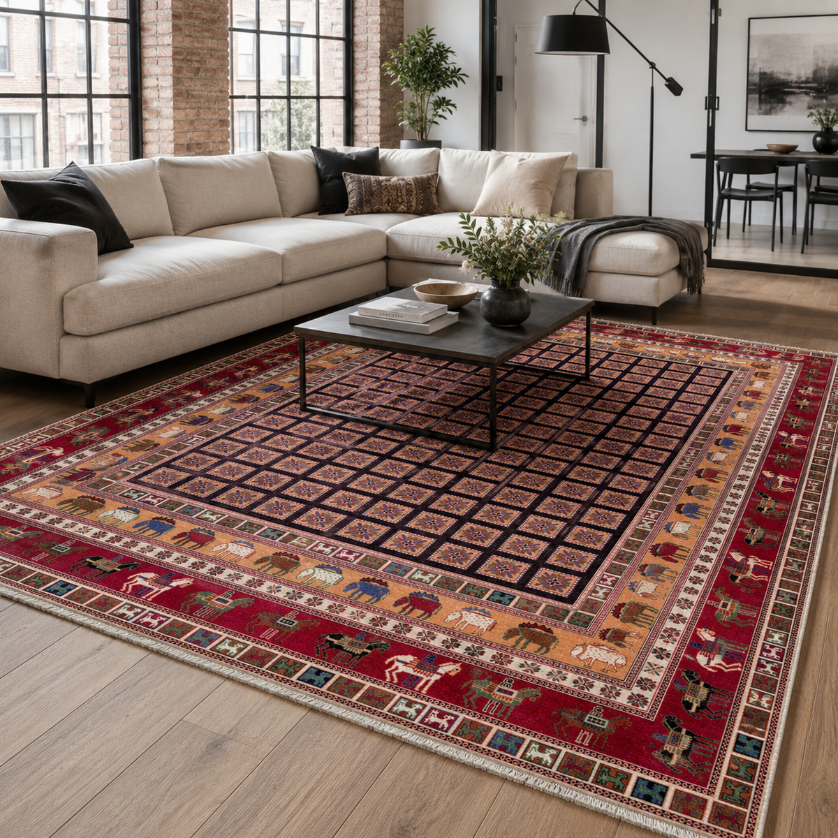 Tapis Géométrique Vintage Bordeaux Lavable Fiora, vue 4