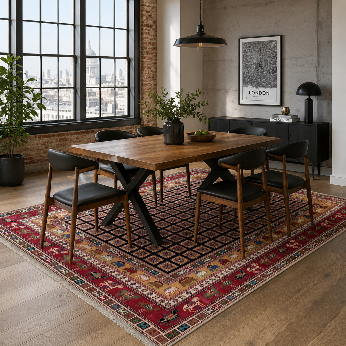 Tapis Géométrique Vintage Bordeaux Lavable Fiora, vue 6
