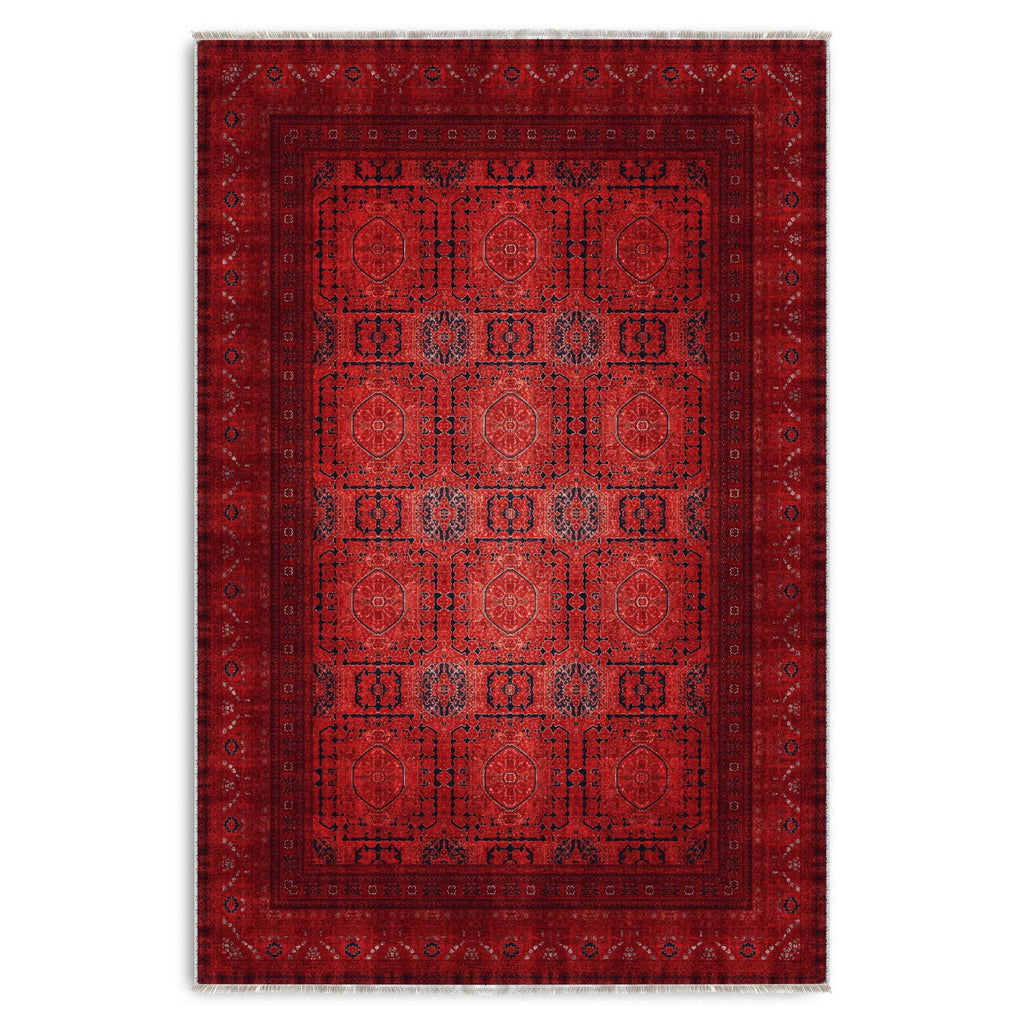 Détail du motif du tapis ethnique vintage bordeaux lavable Léna