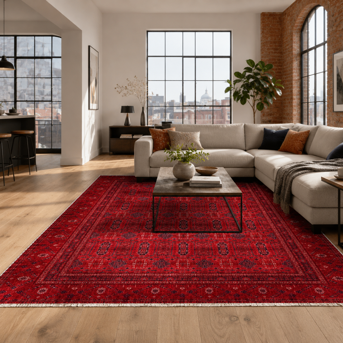 Détail du motif du tapis ethnique vintage bordeaux lavable Georgia