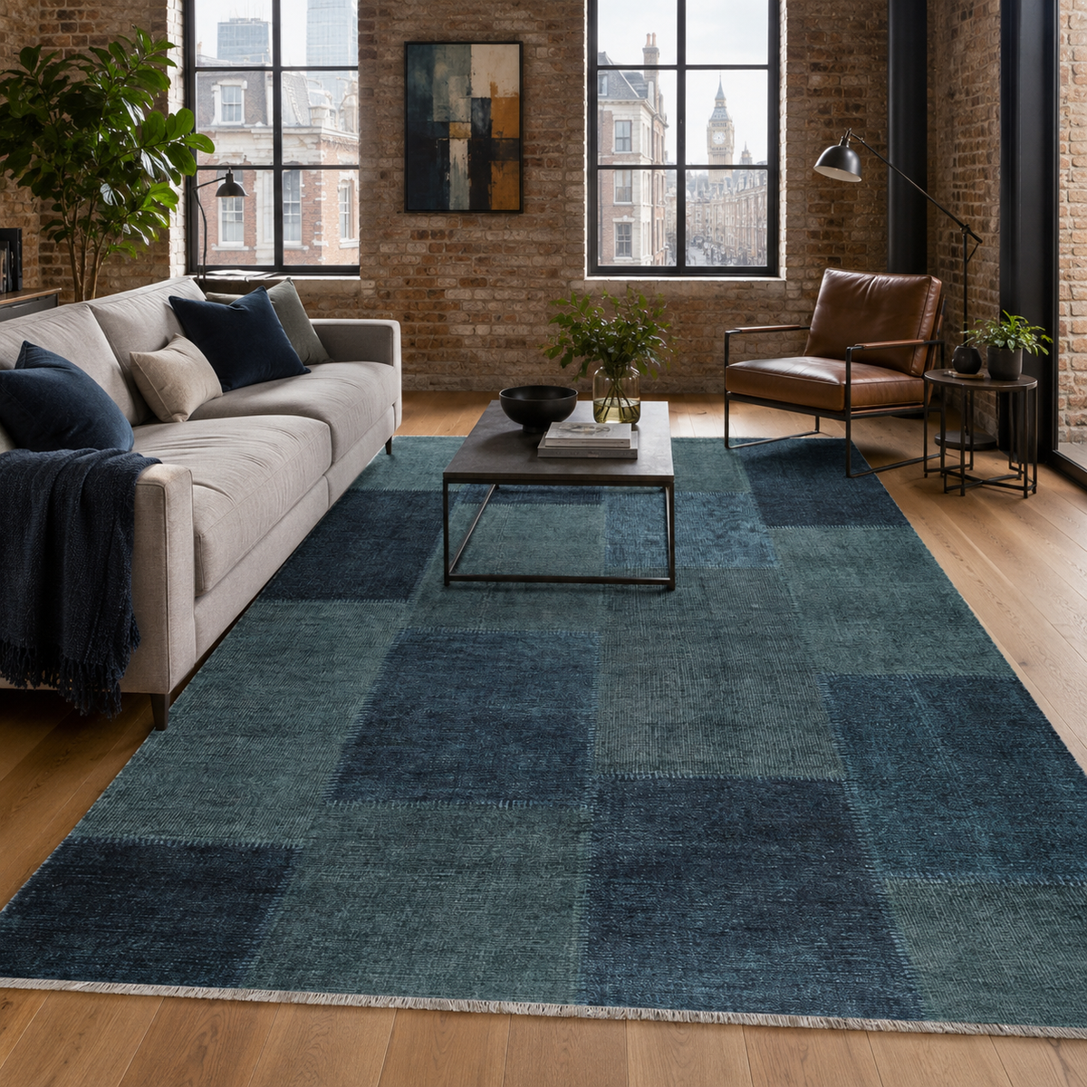Tapis Ethnique Vintage Bleu Marine Lavable Capri, vue principale