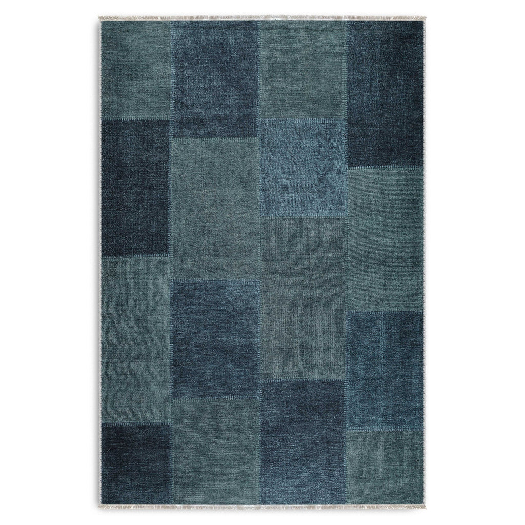 Détail du motif du tapis ethnique vintage bleu marine lavable Capri