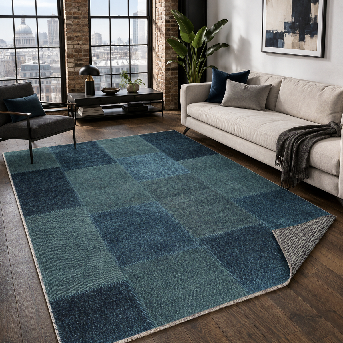 Tapis Ethnique Vintage Bleu Marine Lavable Capri, vue 10