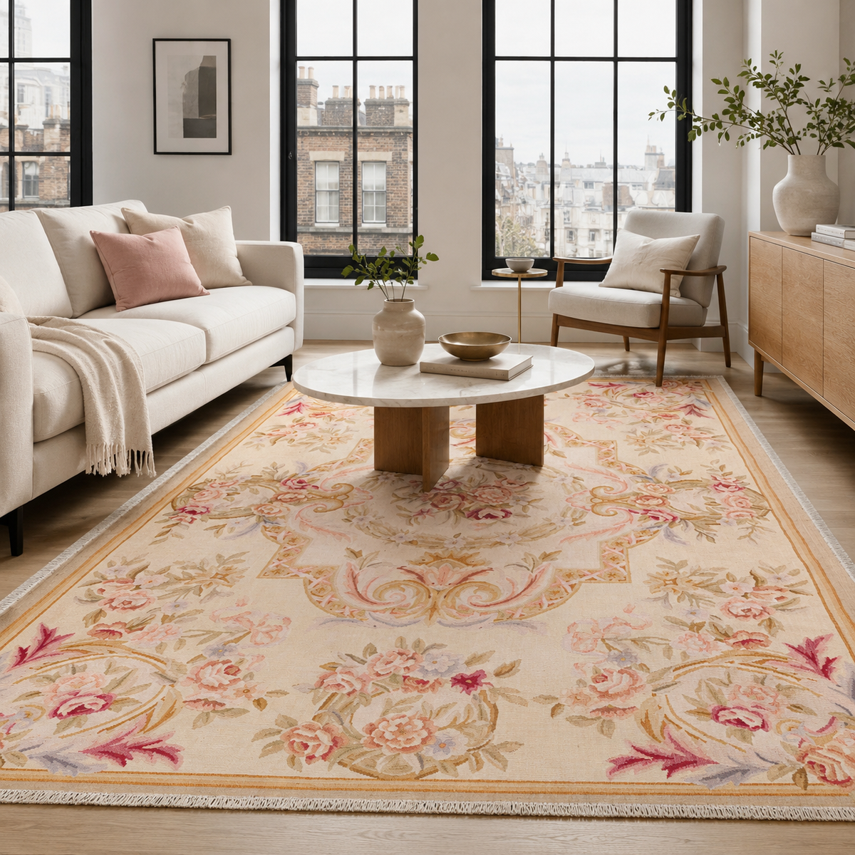 Tapis Ethnique Vintage Crème et Blanc Lavable Yara, vue 3