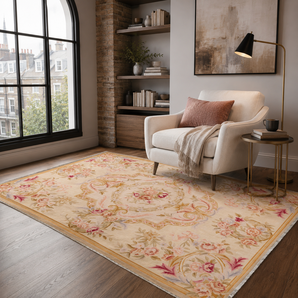 Tapis Ethnique Vintage Crème et Blanc Lavable Yara, vue 6
