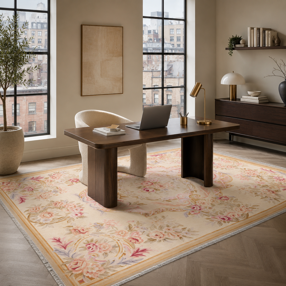 Tapis Ethnique Vintage Crème et Blanc Lavable Yara, vue 7