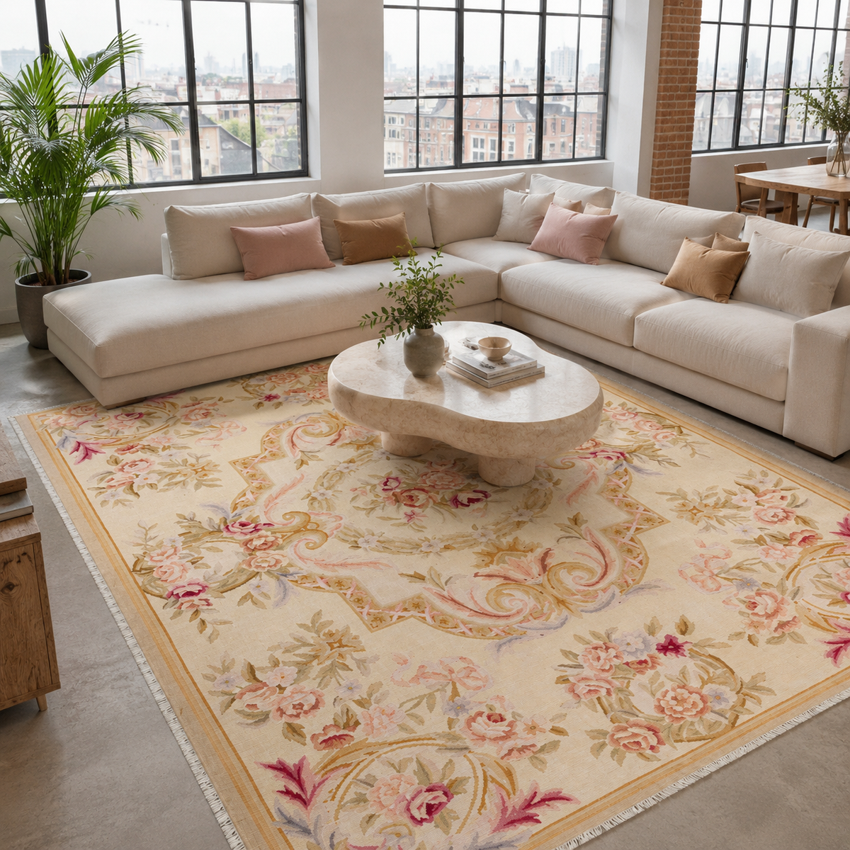 Tapis Ethnique Vintage Crème et Blanc Lavable Yara, vue 10