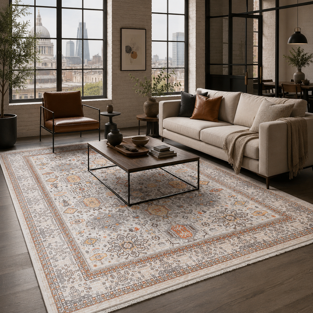 Tapis Ethnique Vintage Crème et Blanc Lavable Carla, vue principale