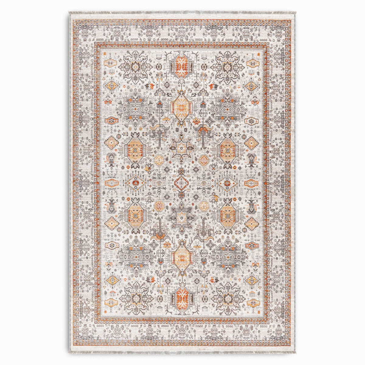 Détail du motif du tapis ethnique vintage crème et blanc lavable Carla