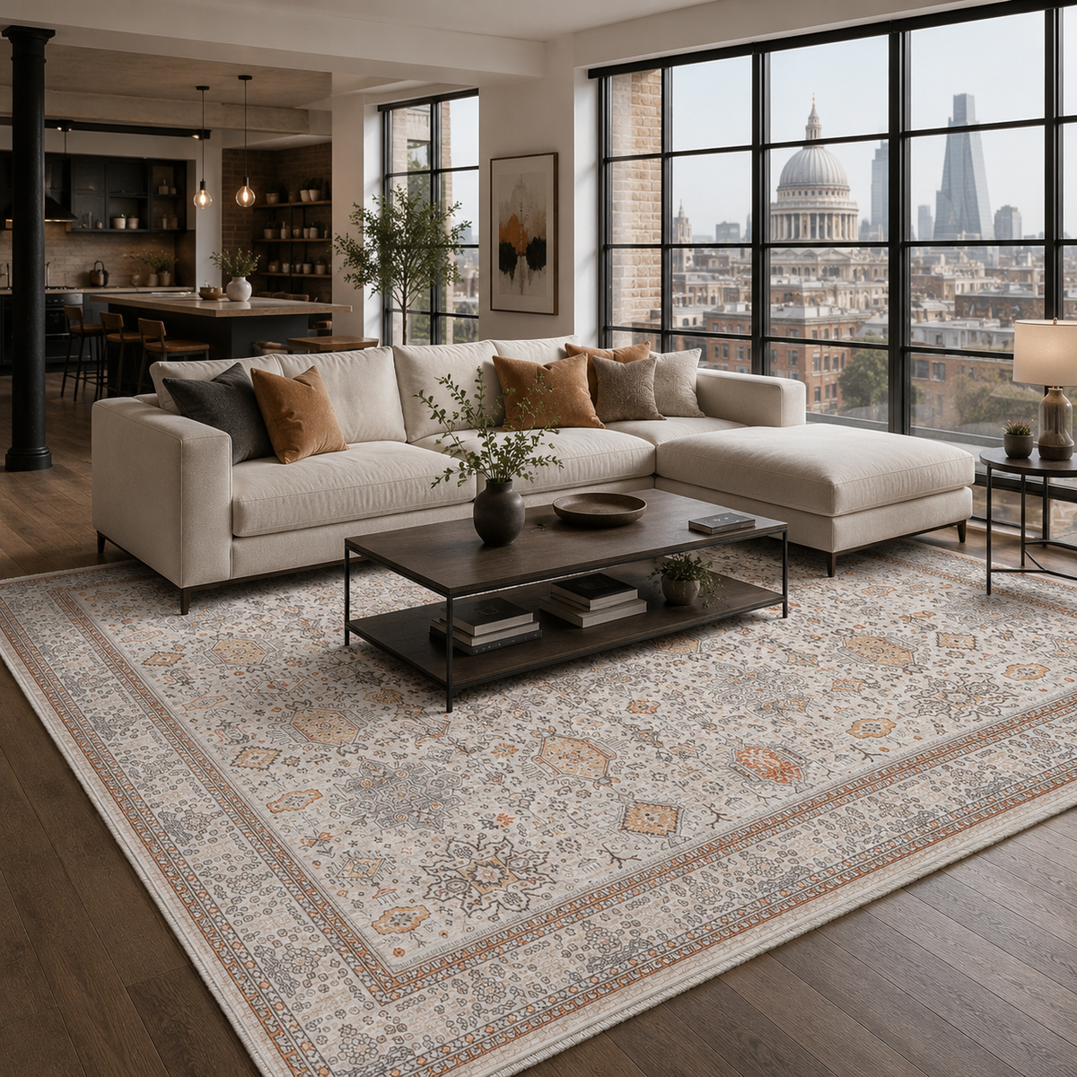 Tapis Ethnique Vintage Crème et Blanc Lavable Carla, vue 4