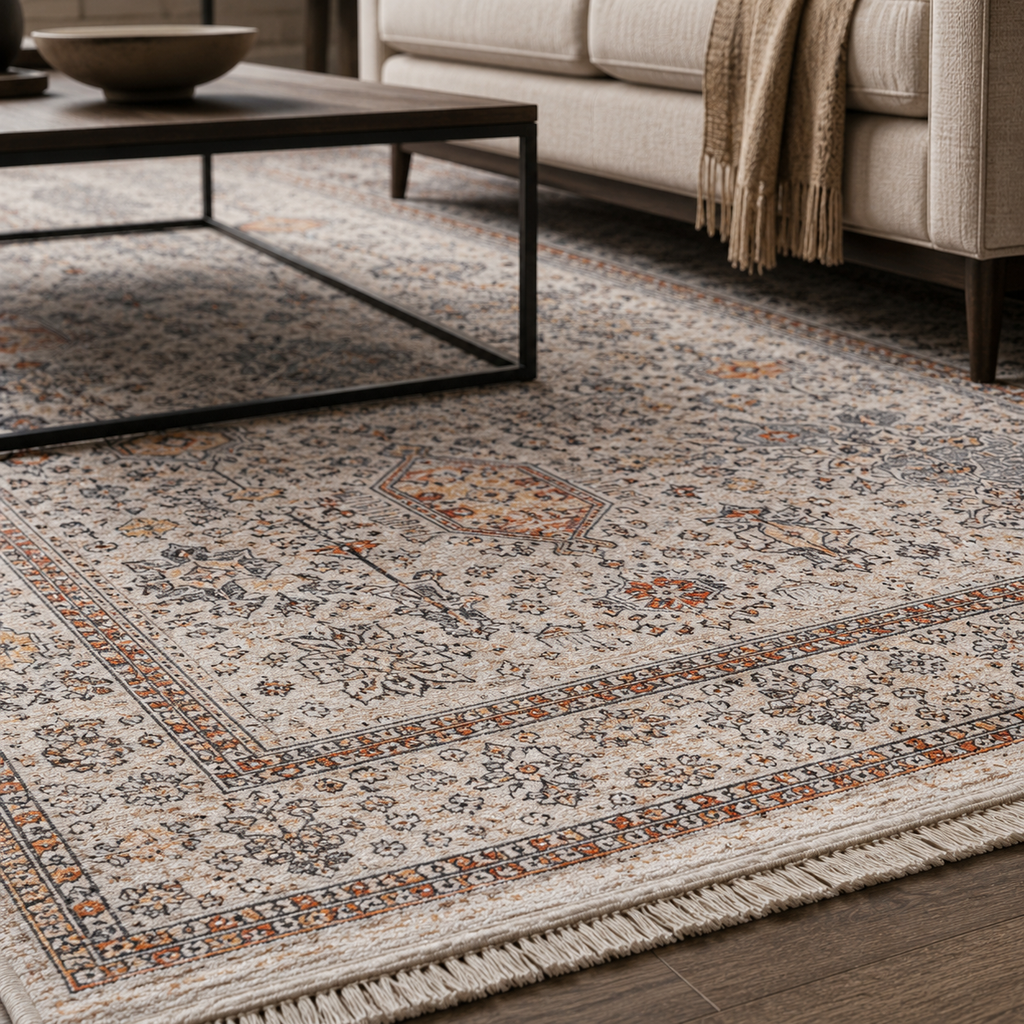 Tapis Ethnique Vintage Crème et Blanc Lavable Carla, vue 10