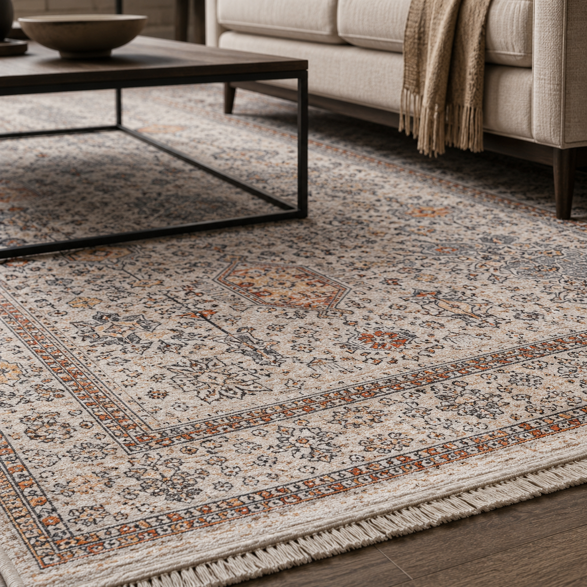 Tapis Ethnique Vintage Crème et Blanc Lavable Carla, vue 10
