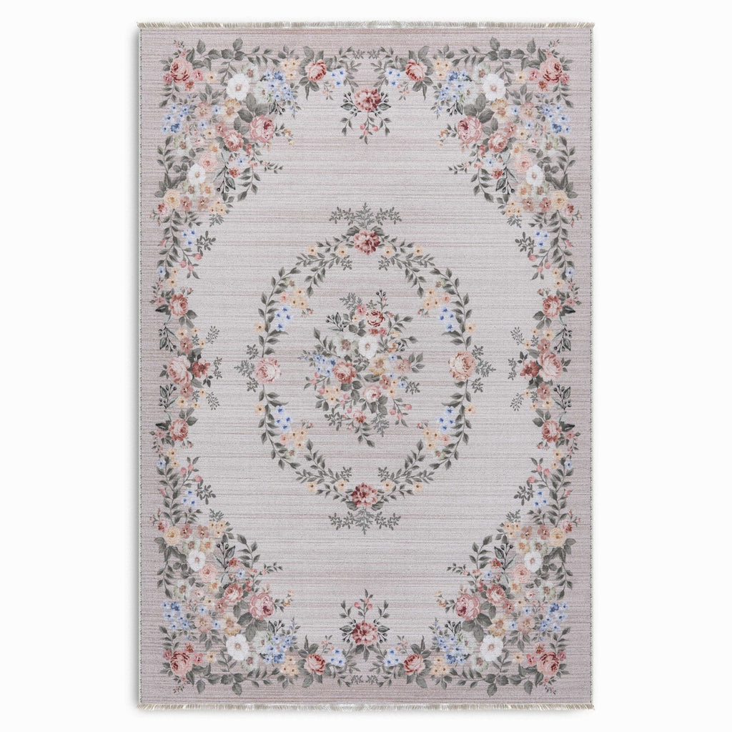 Détail du motif du tapis ethnique vintage crème et blanc lavable Violette