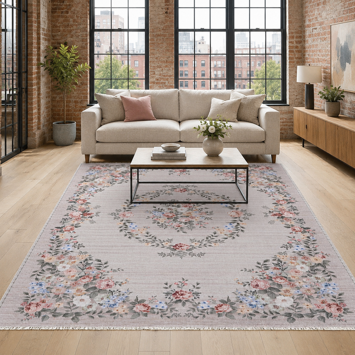 Tapis Ethnique Vintage Crème et Blanc Lavable Violette, vue 3