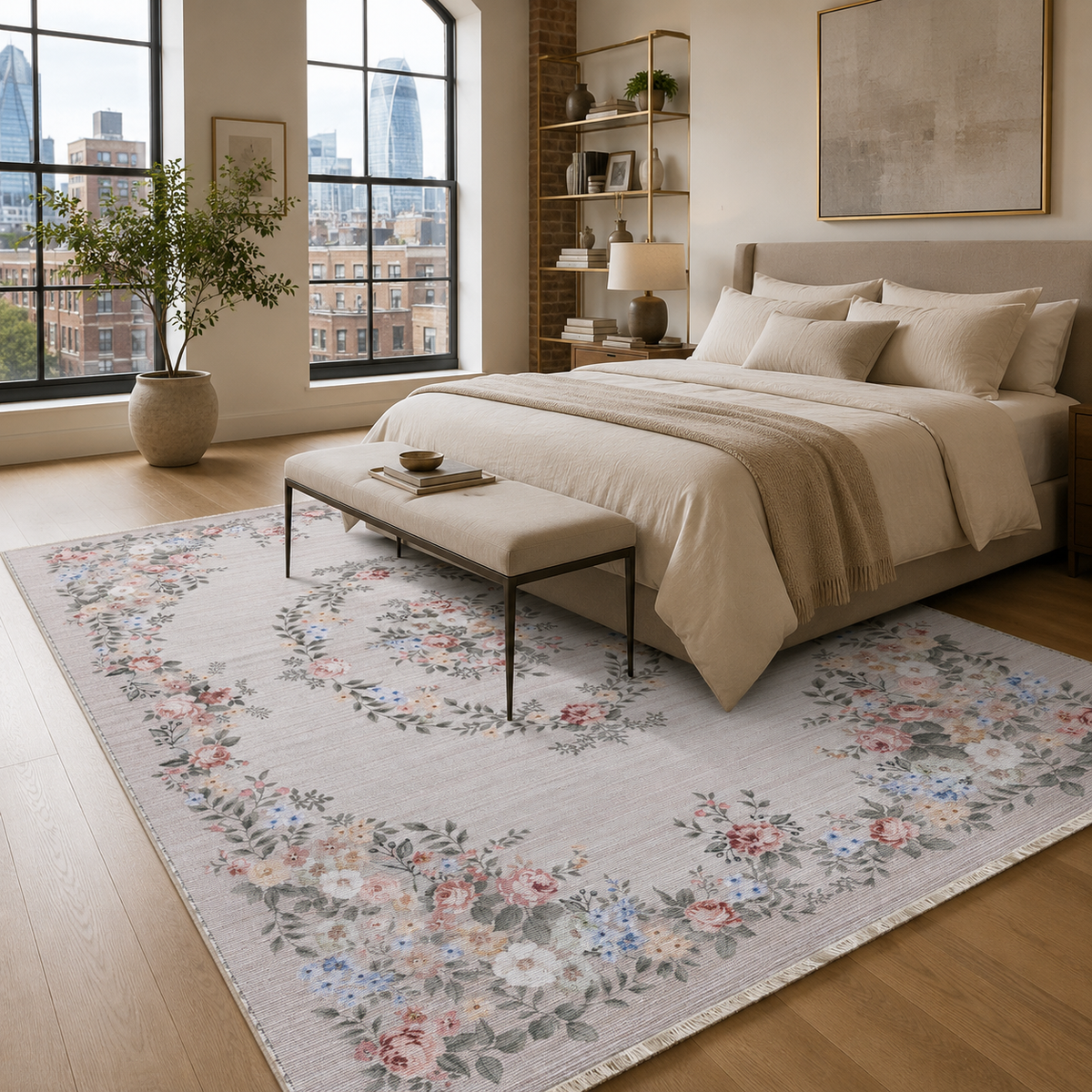 Tapis Ethnique Vintage Crème et Blanc Lavable Violette, vue 4