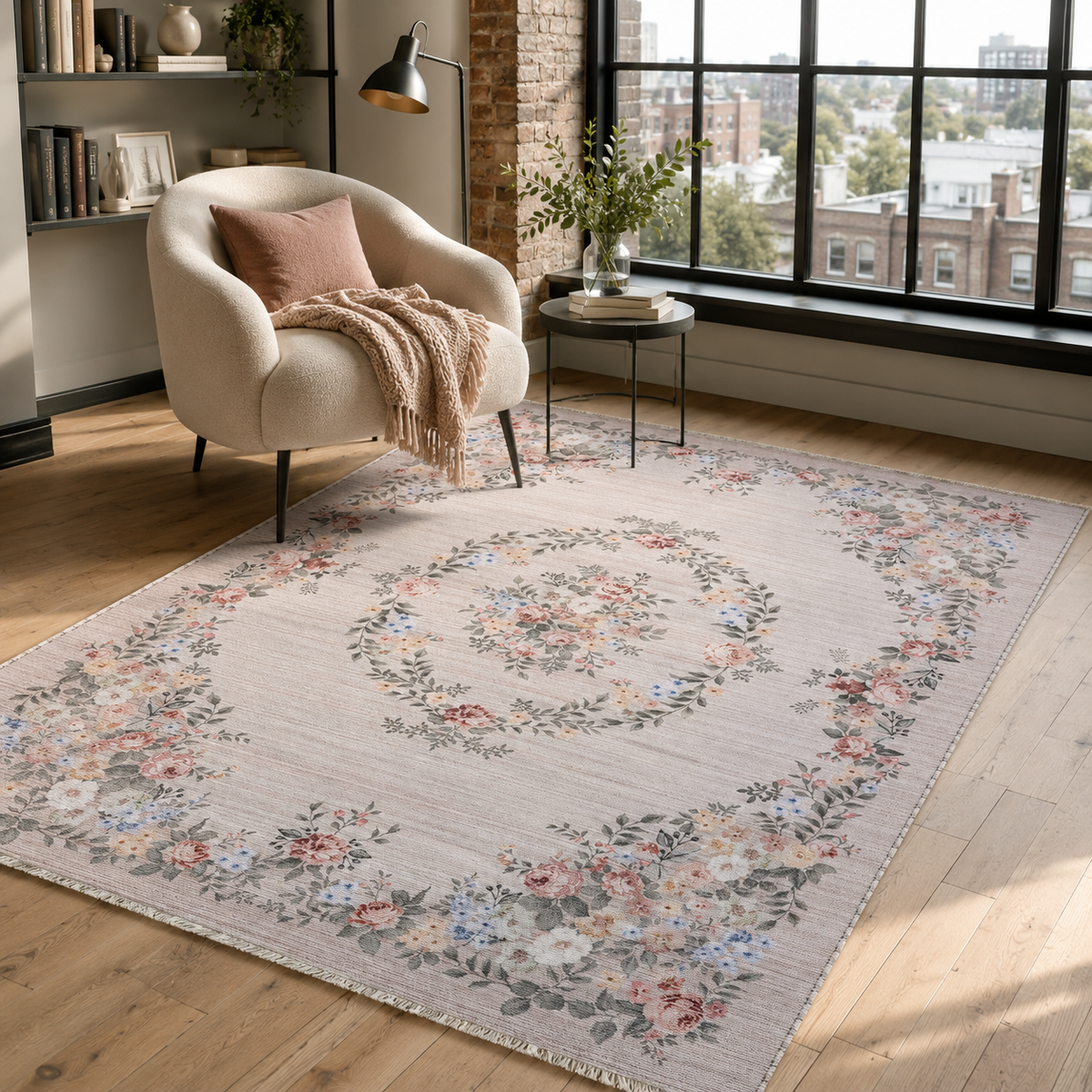 Tapis Ethnique Vintage Crème et Blanc Lavable Violette, vue 6