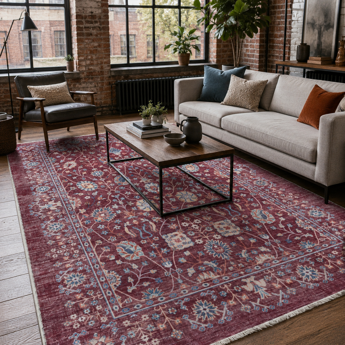 Tapis Ethnique Vintage Bordeaux Lavable Fiora, vue principale