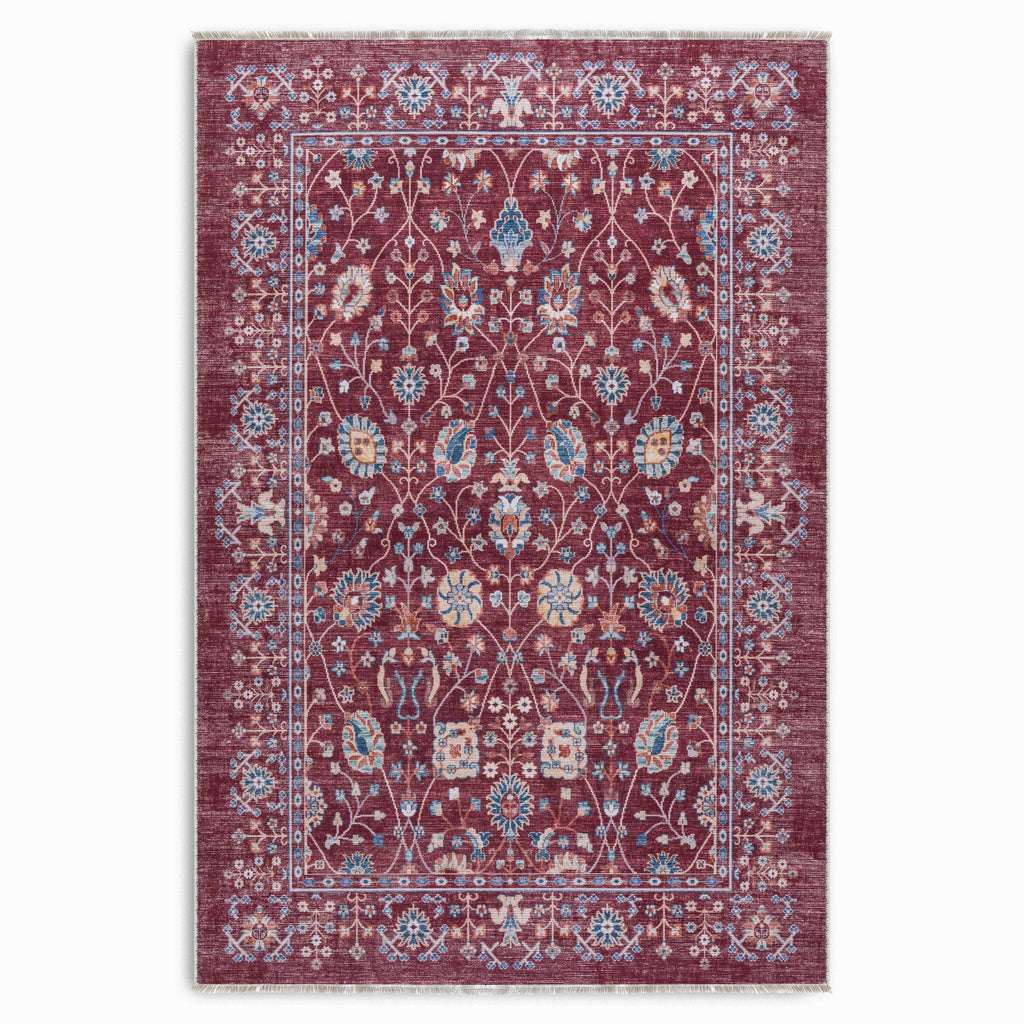 Détail du motif du tapis ethnique vintage bordeaux lavable Fiora