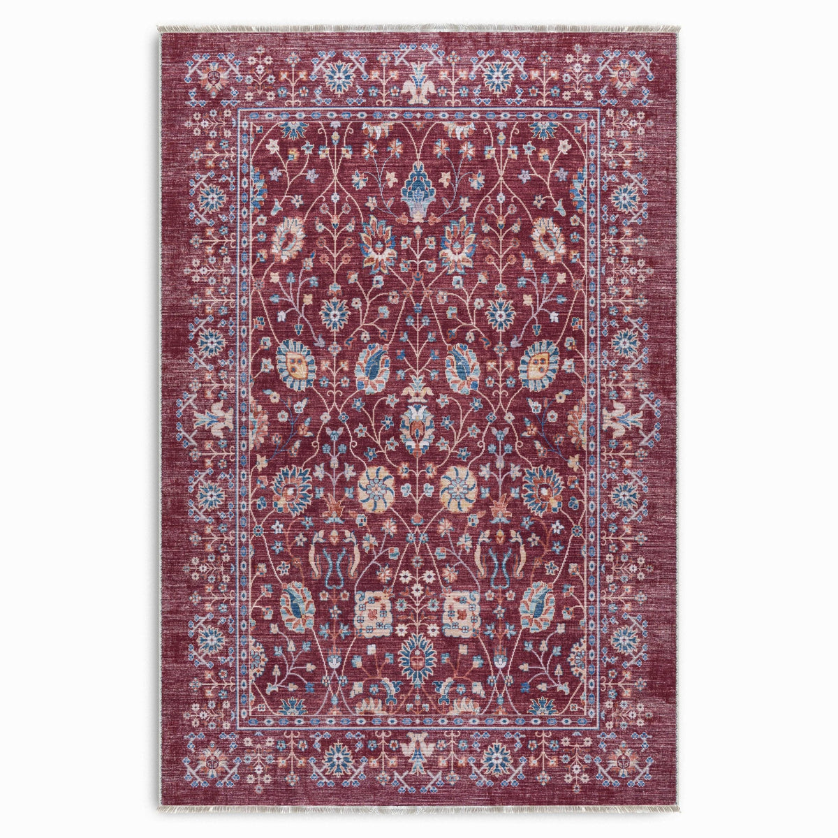 Détail du motif du tapis ethnique vintage bordeaux lavable Fiora