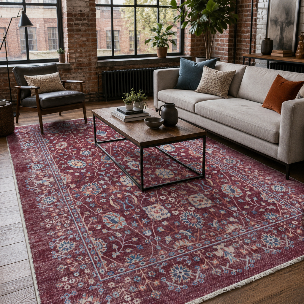 Tapis Ethnique Vintage Bordeaux Lavable Fiora, vue 3