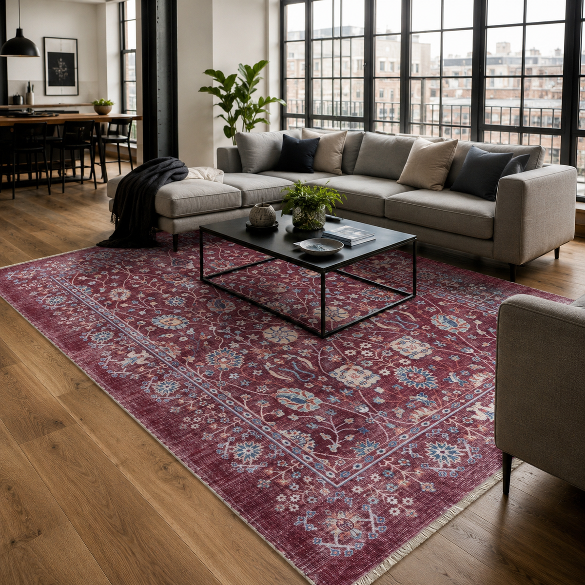 Tapis Ethnique Vintage Bordeaux Lavable Fiora, vue 4