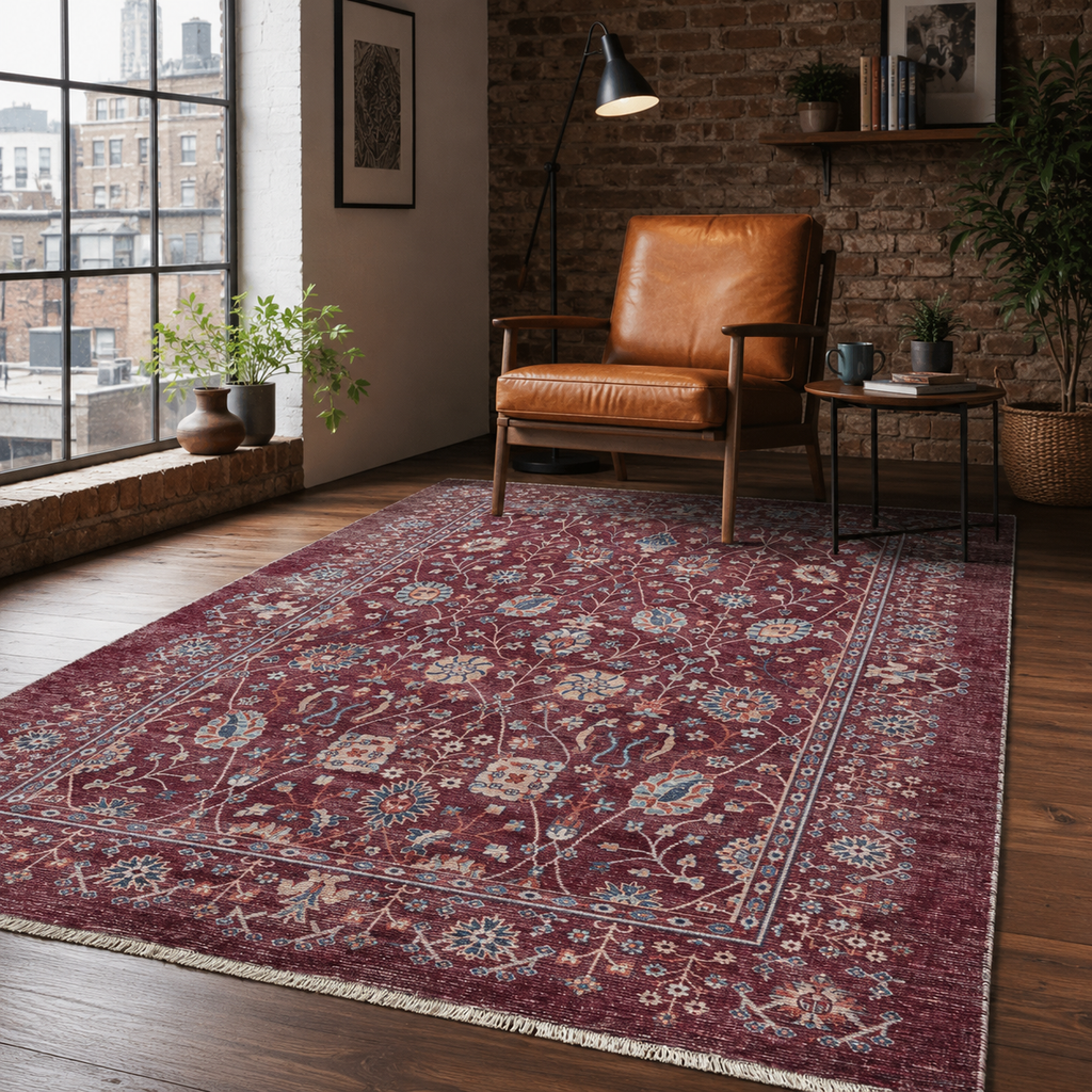 Tapis Ethnique Vintage Bordeaux Lavable Fiora, vue 9