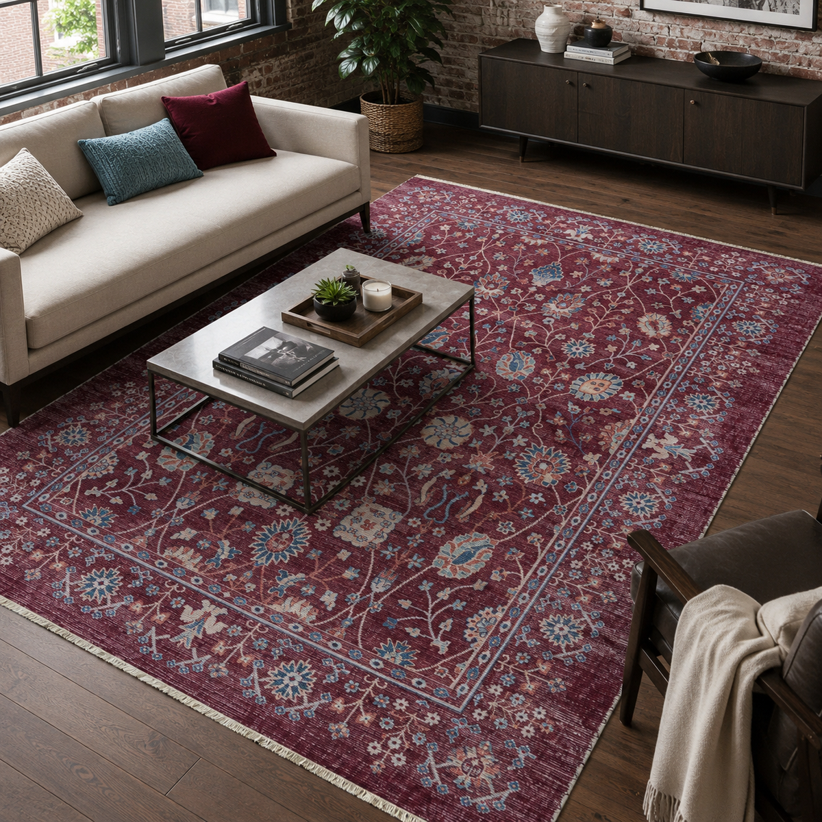 Tapis Ethnique Vintage Bordeaux Lavable Fiora, vue 10