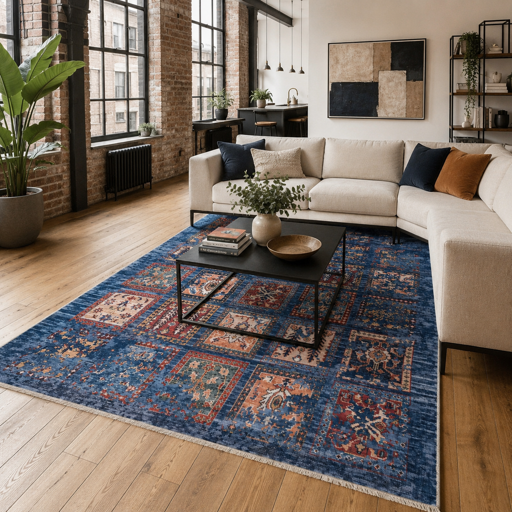 Tapis Ethnique Vintage Bleu Marine Lavable Aurore, vue 3