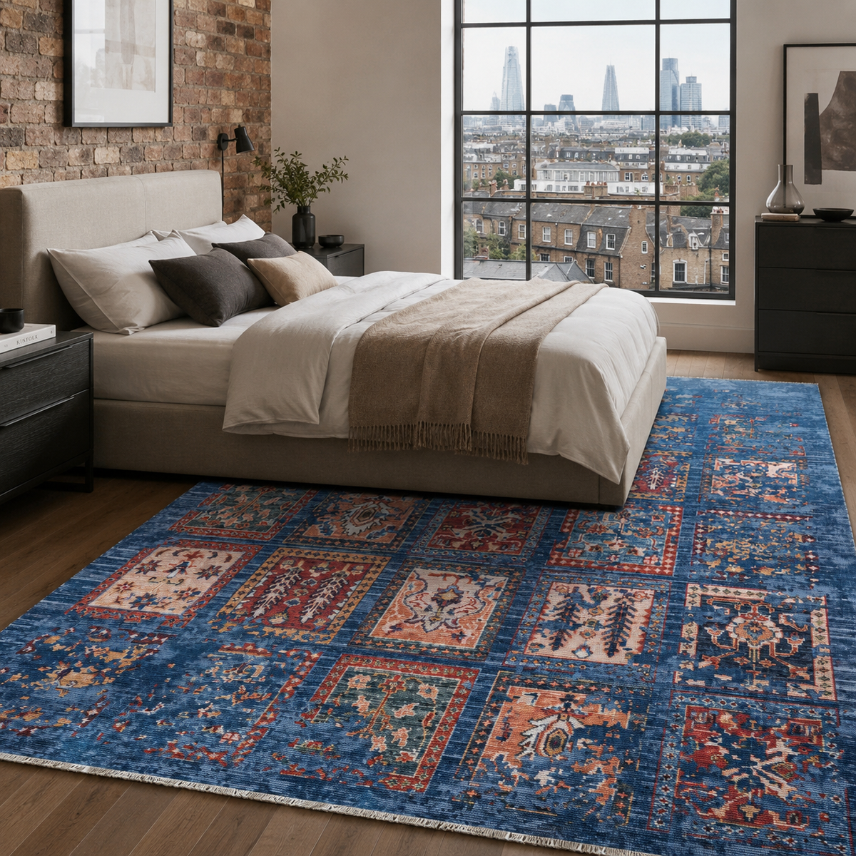 Tapis Ethnique Vintage Bleu Marine Lavable Aurore, vue 5