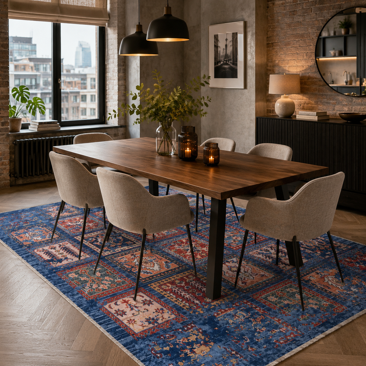 Tapis Ethnique Vintage Bleu Marine Lavable Aurore, vue 6