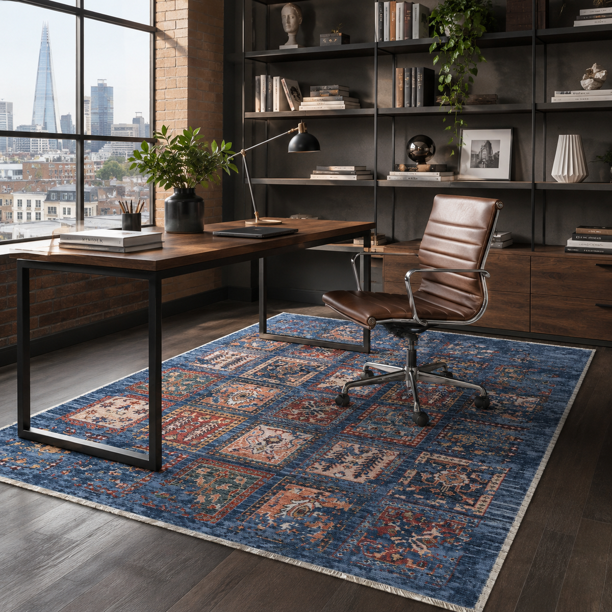 Tapis Ethnique Vintage Bleu Marine Lavable Aurore, vue 7