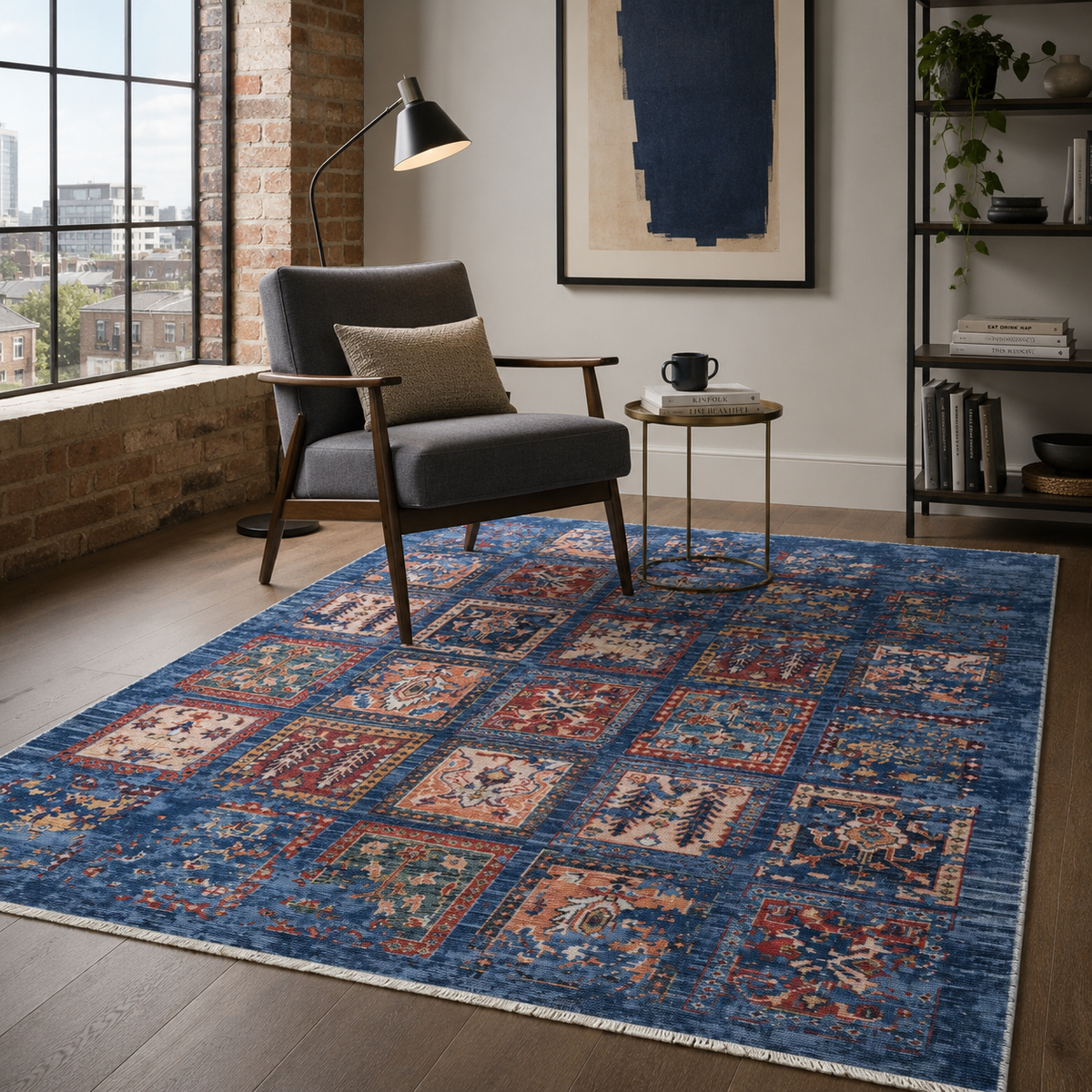 Tapis Ethnique Vintage Bleu Marine Lavable Aurore, vue 8