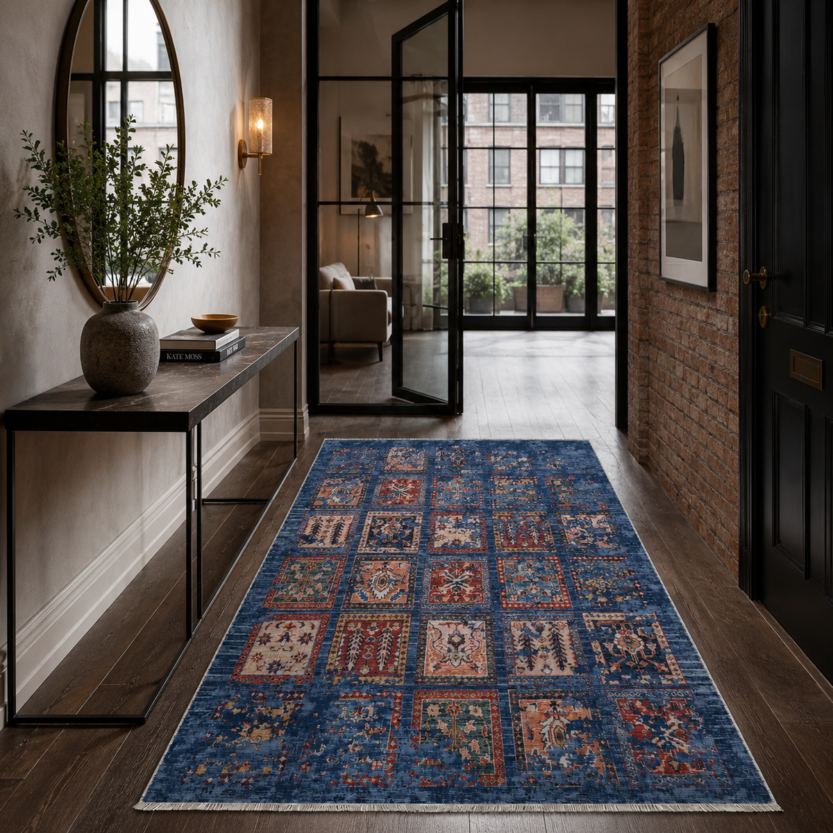Tapis Ethnique Vintage Bleu Marine Lavable Aurore, vue 9