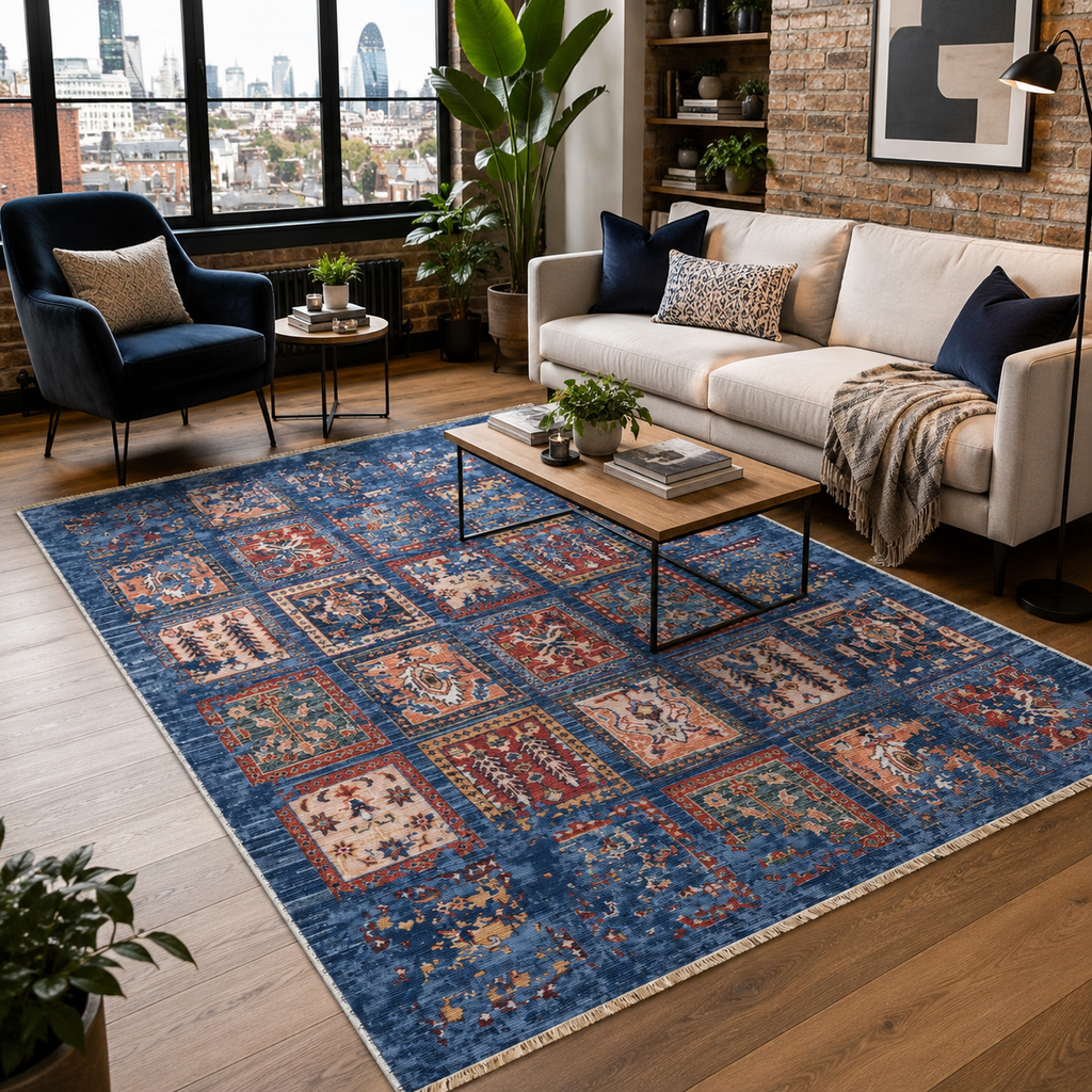 Tapis Ethnique Vintage Bleu Marine Lavable Aurore, vue 10