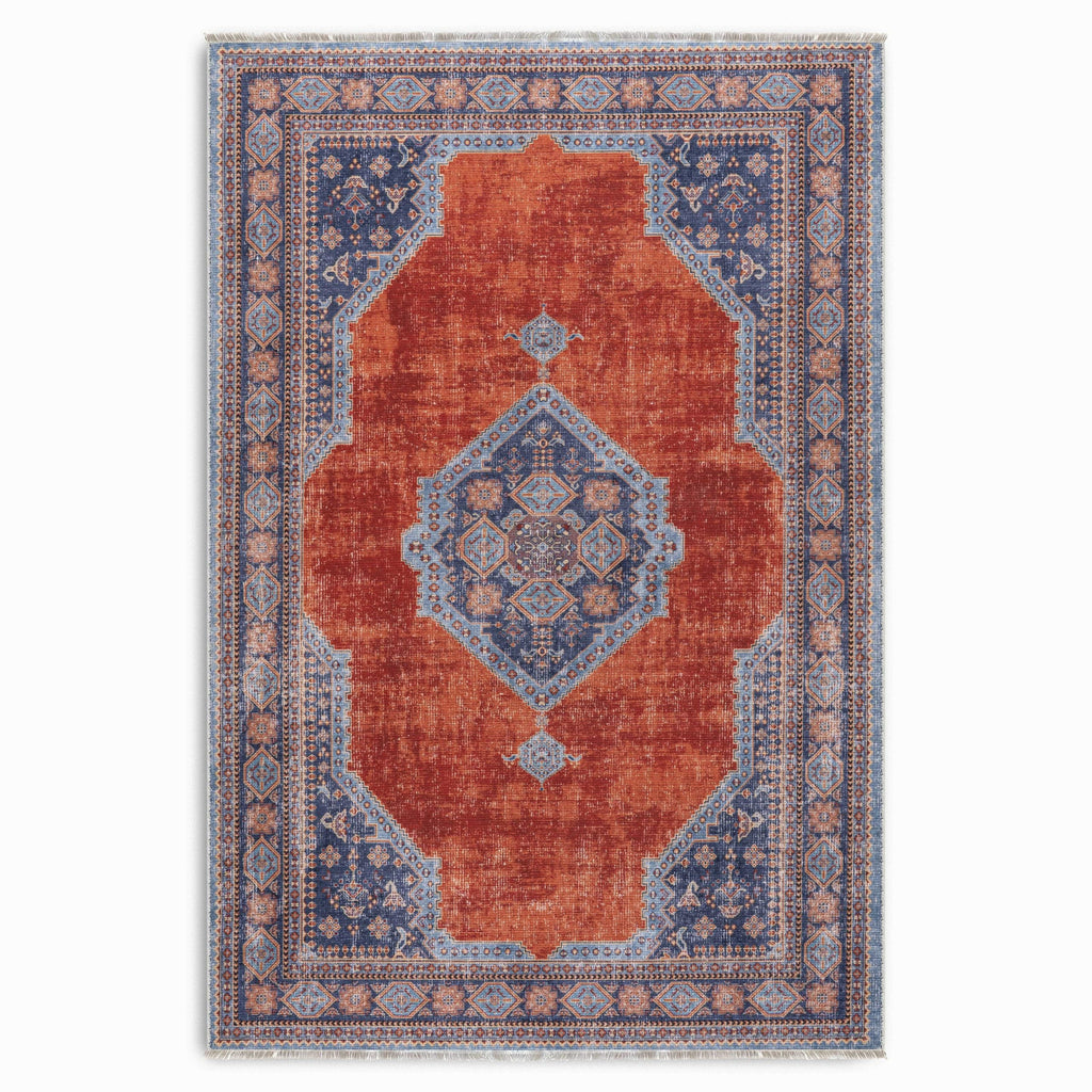 Détail du motif du tapis ethnique vintage bleu marine lavable Lola
