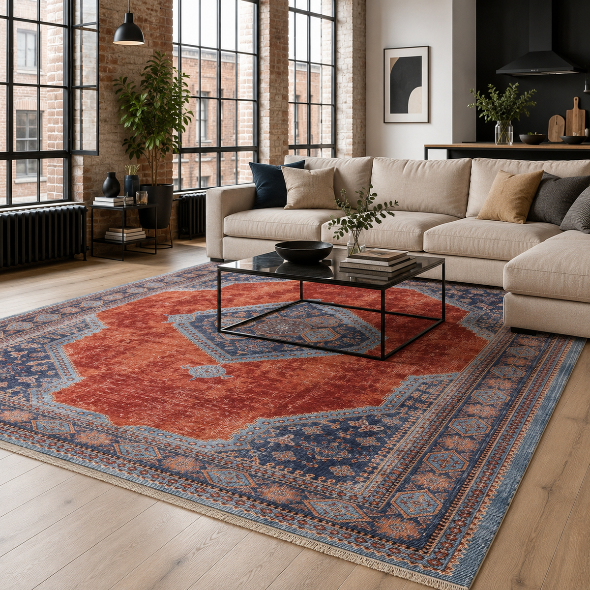 Tapis Ethnique Vintage Bleu Marine Lavable Lola, vue 3