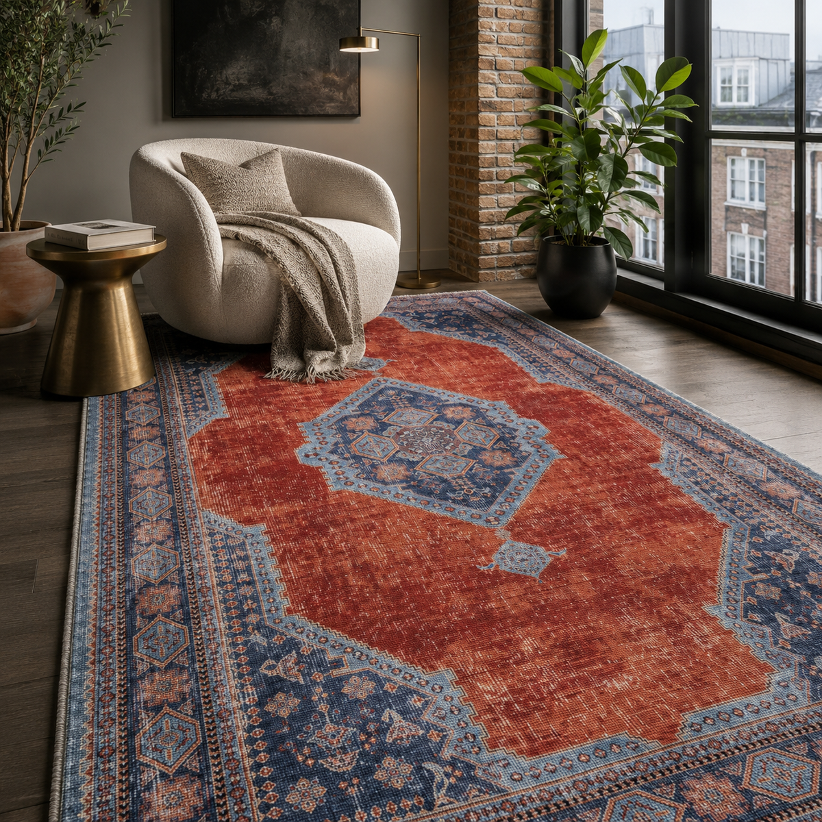Tapis Ethnique Vintage Bleu Marine Lavable Lola, vue 8