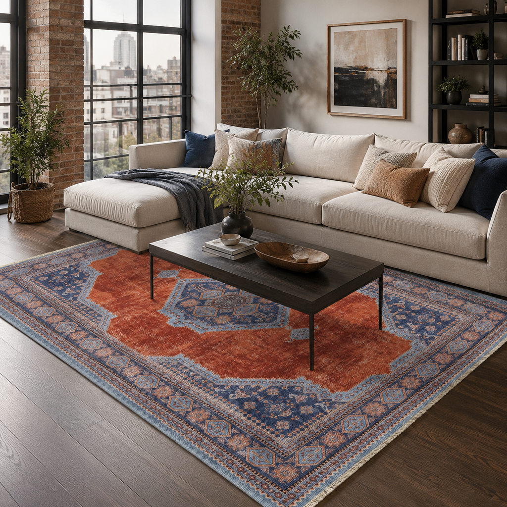 Tapis Ethnique Vintage Bleu Marine Lavable Lola, vue 10