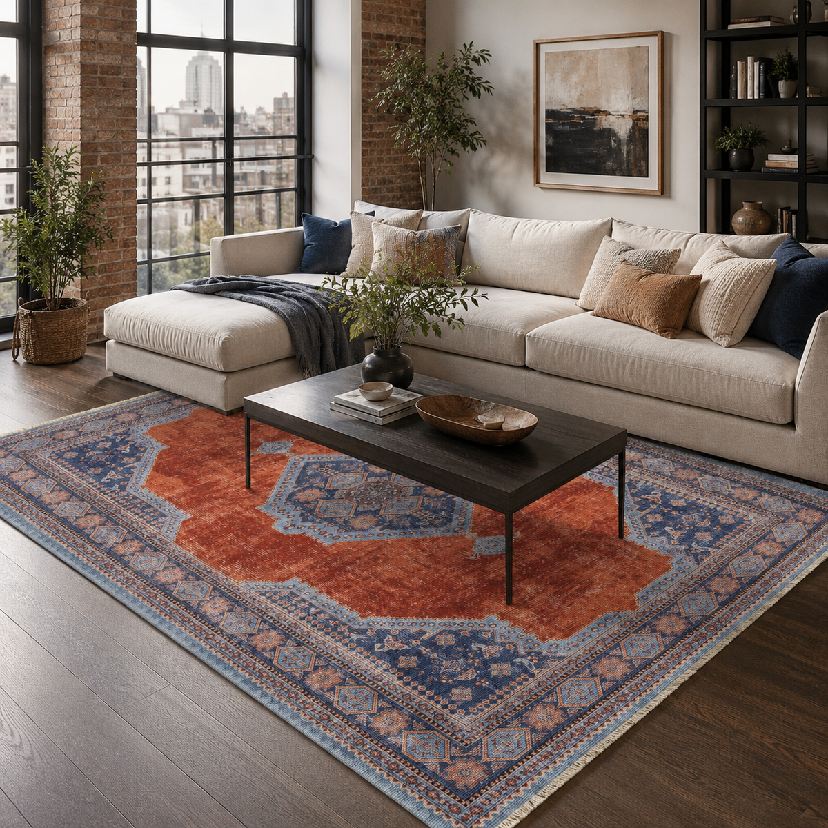 Tapis Ethnique Vintage Bleu Marine Lavable Lola, vue 10