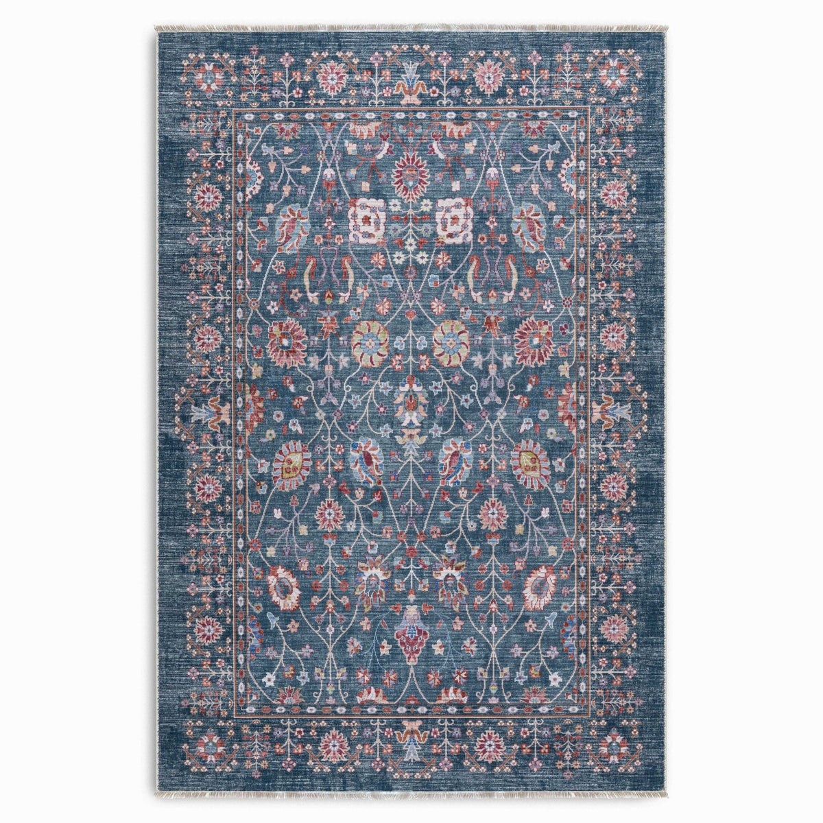 Détail du motif du tapis ethnique vintage bleu marine lavable Héloïse