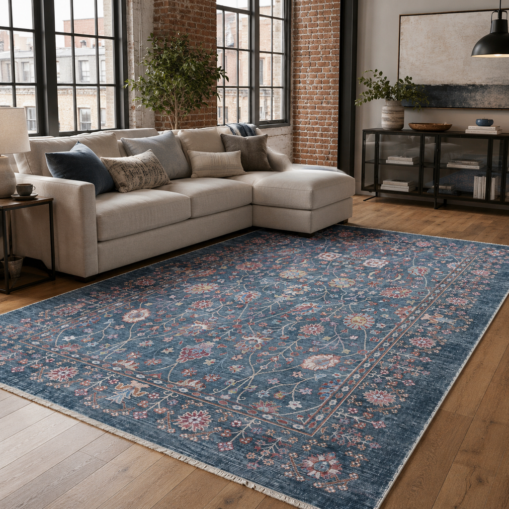 Tapis Ethnique Vintage Bleu Marine Lavable Héloïse, vue 3