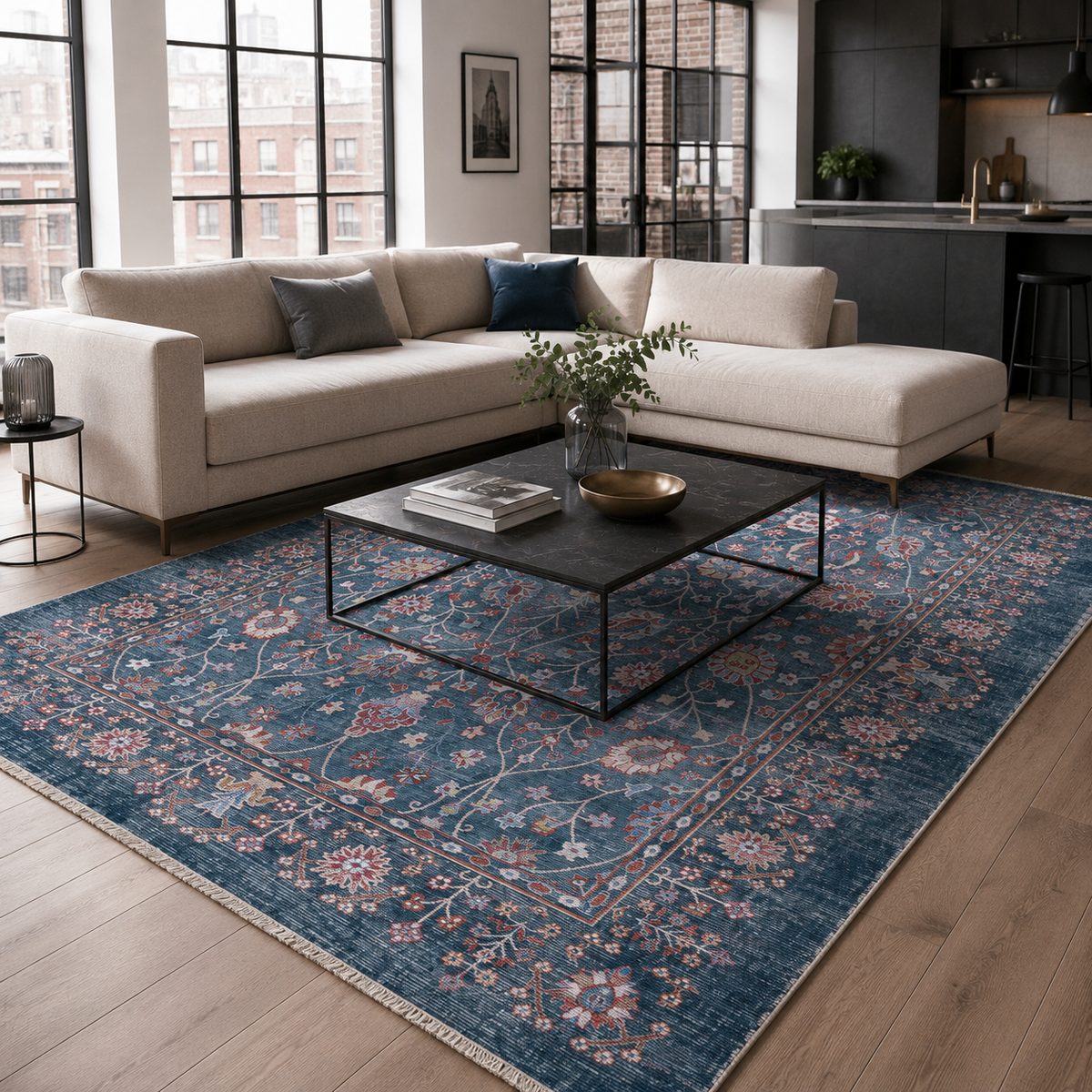 Tapis Ethnique Vintage Bleu Marine Lavable Héloïse, vue 4
