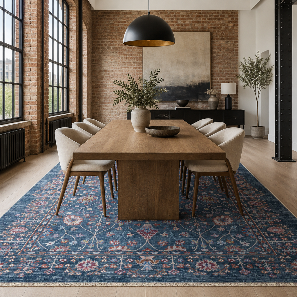 Tapis Ethnique Vintage Bleu Marine Lavable Héloïse, vue 6