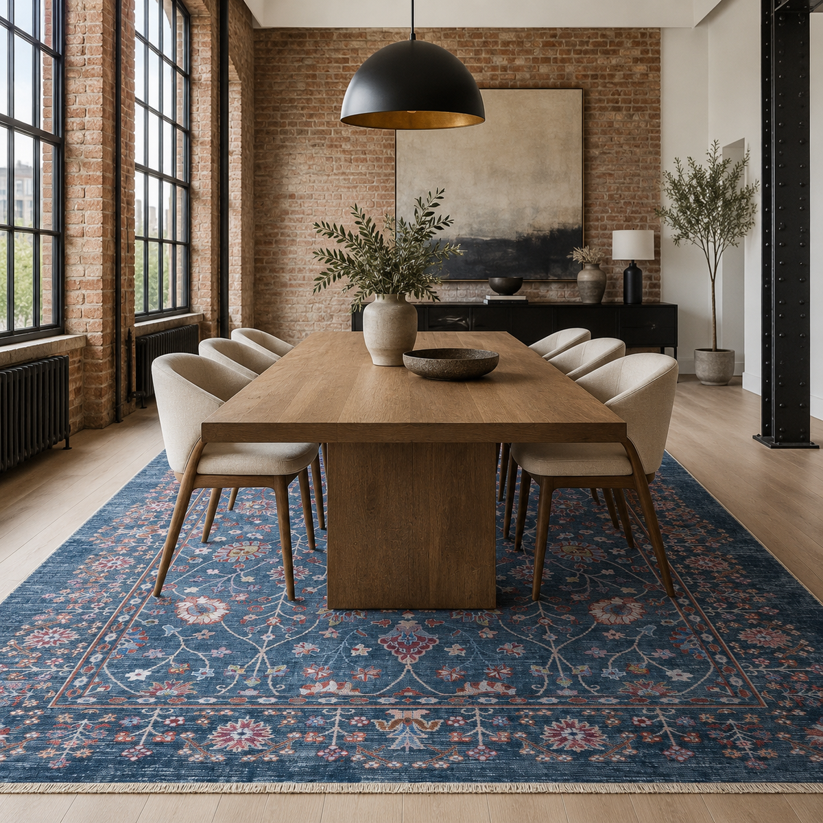 Tapis Ethnique Vintage Bleu Marine Lavable Héloïse, vue 6