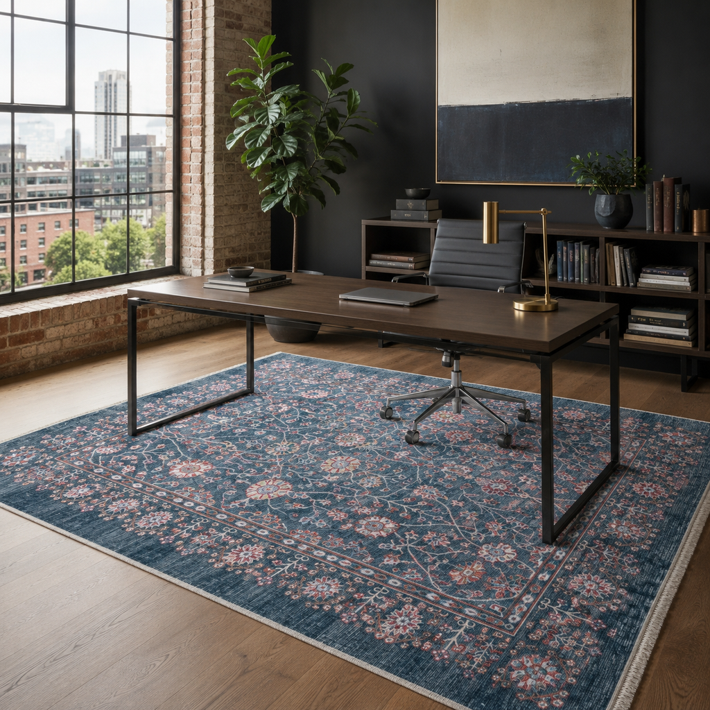 Tapis Ethnique Vintage Bleu Marine Lavable Héloïse, vue 7