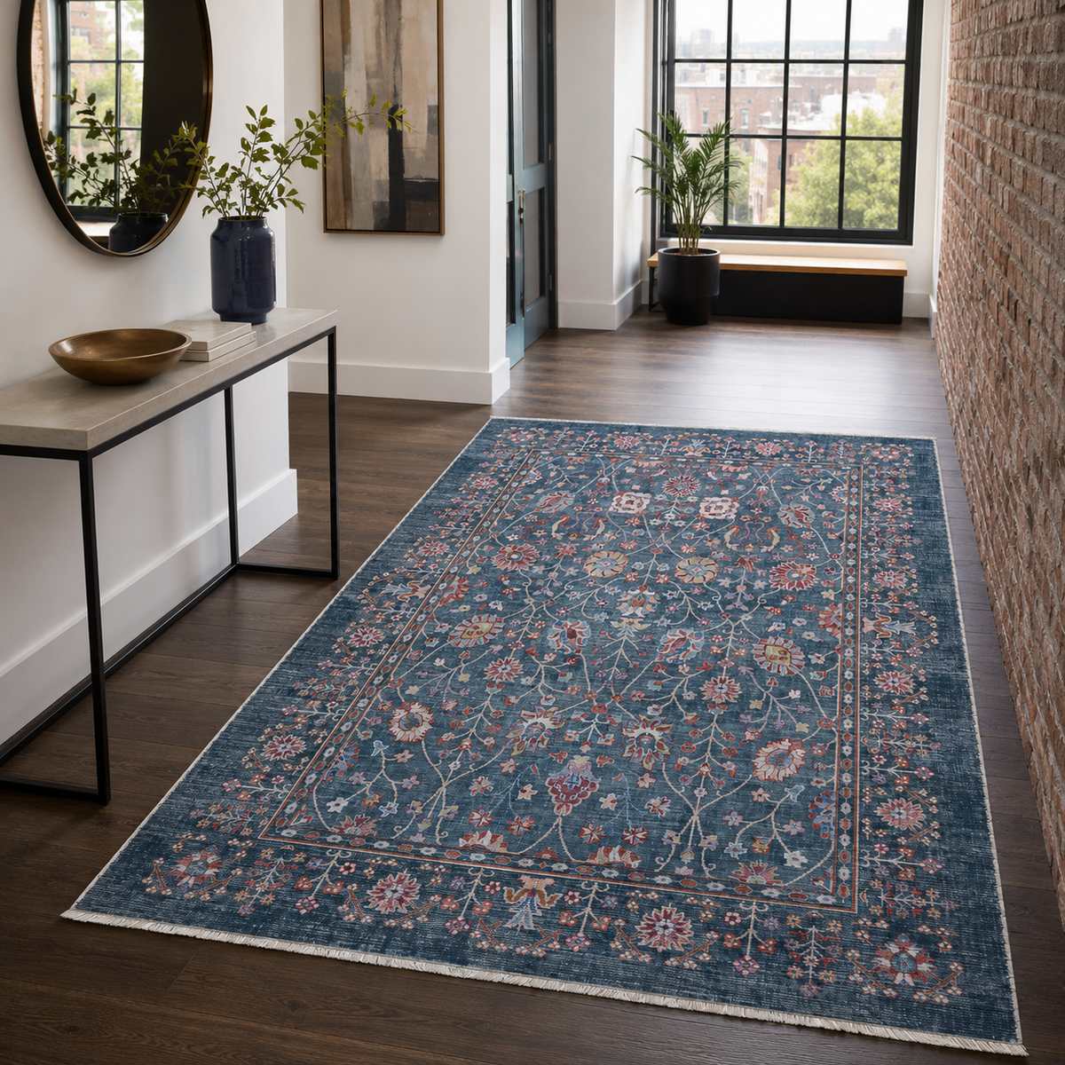 Tapis Ethnique Vintage Bleu Marine Lavable Héloïse, vue 9