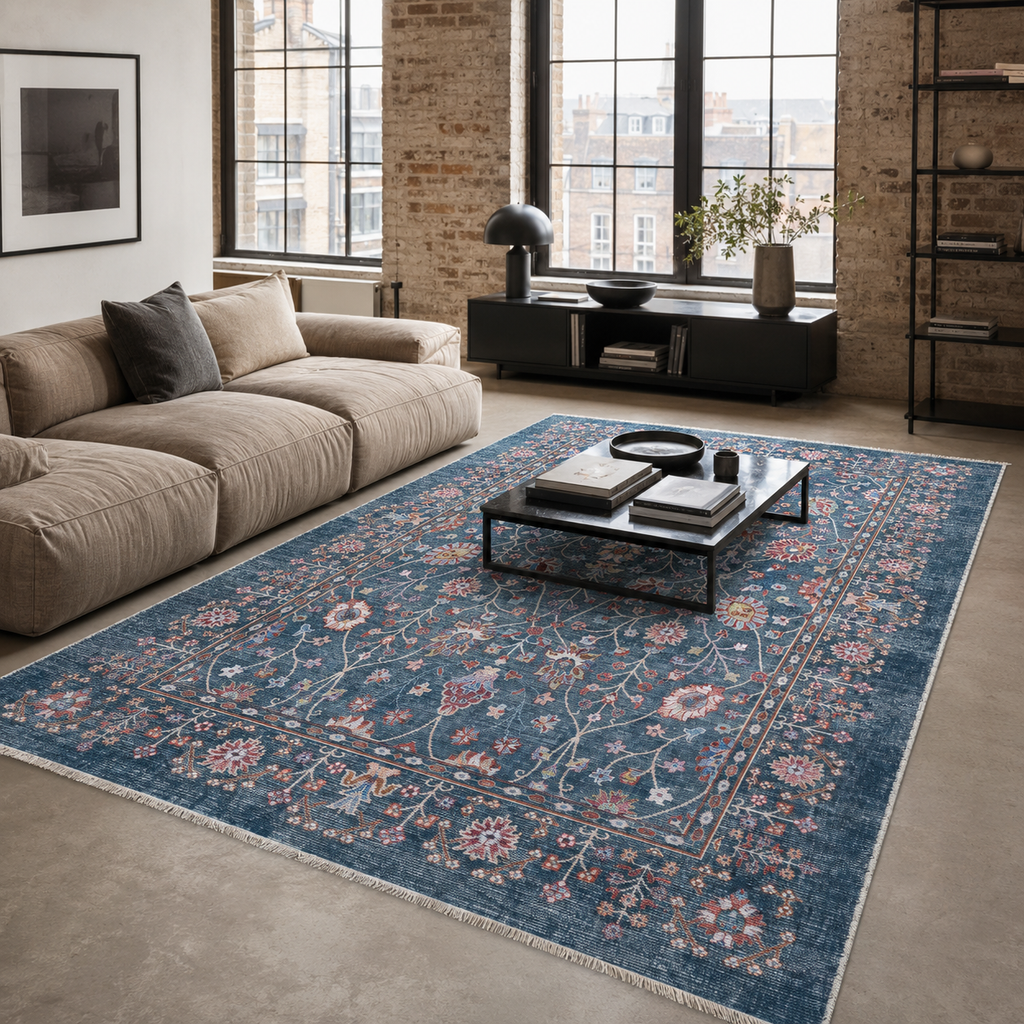 Tapis Ethnique Vintage Bleu Marine Lavable Héloïse, vue 10