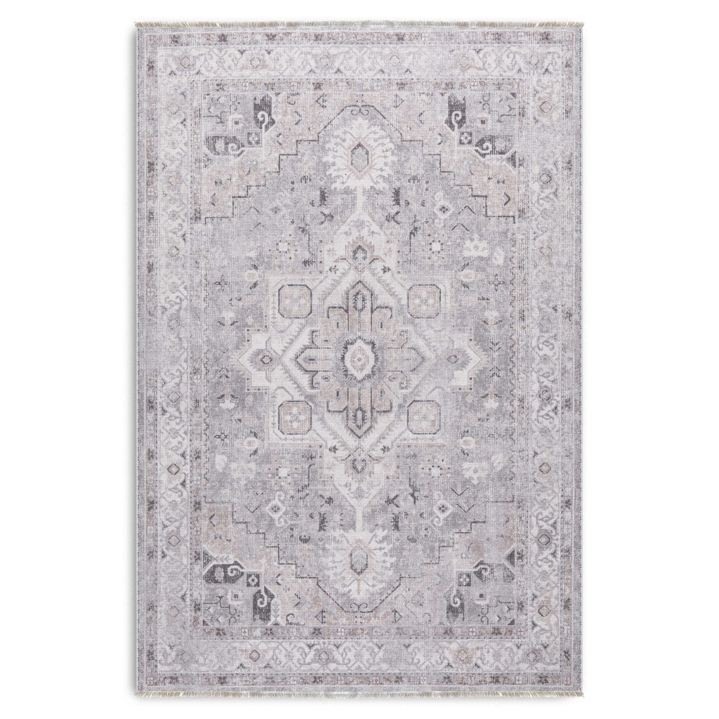 Détail du motif du tapis ethnique vintage gris lavable Yasmine
