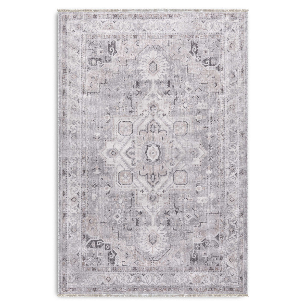 Détail du motif du tapis ethnique vintage gris lavable Yasmine
